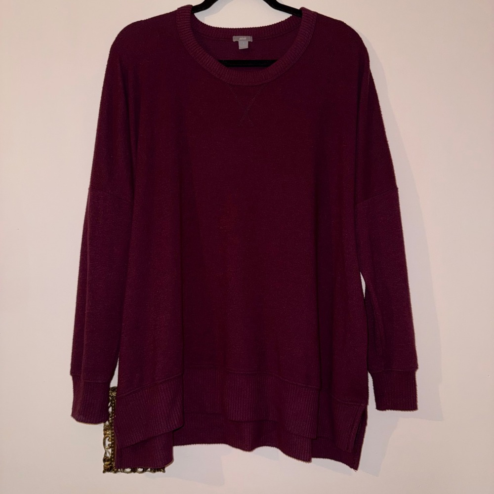 Aerie Womens Oversized Crewneck Sweater Burgundy Side Slits Drop Shoulder Small